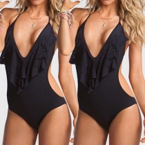 Sexy Ruffle Deep V-neck Solid Color One-piece Swimsuit