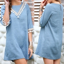 Chic Style Tassel Spliced Half Sleeve Round Neck Denim Dress