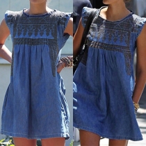 Fashion Sleeveless Round Neck Printed Denim Dress