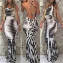 Sexy Backless Striped Sling Maxi Dress