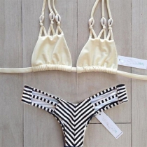 Sexy Shell Halter Bra + Striped Briefs Bikini Set