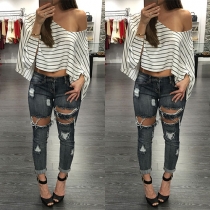 Sexy Off-shoulder Dolman Sleeve Loose Striped T-shirt