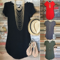 Fashion Solid Color Short Sleeve Round Neck Arcuate Hem T-shirt