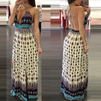 Sexy Backless Deep V-neck Floral Printed Maxi Dress
