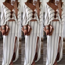 Sexy Deep V-neck Tops + High Waist Slit Hem Maxi Skirt Striped Two-piece Set