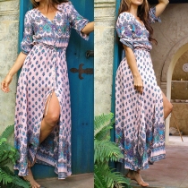 Bohemian Style V-neck Slit Hem Printed Maxi Dress