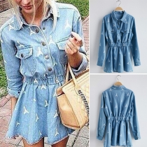 Fashion Style Collared Long Sleeves Button-Front Elastic Waistline Denim Dress