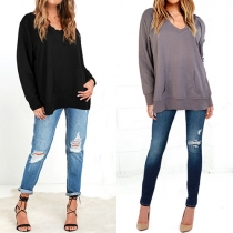 Fashion Style Solid Color V-Neckline Pullover Hoodie