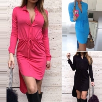 Sexy Style Long Sleeves Button-Front Drawstring Waistline Shirt Dress
