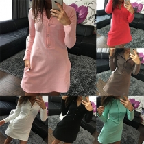 Fashion Style Long Sleeves Button-Front Solid Color Shirt Dress