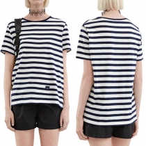Fashion Style Round Neckline Smiling Face Graphic Striped T-Shirt