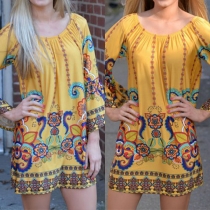 Bohemian Style Round Neckline Long Sleeves Floral Print Dress