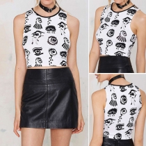 Chic Round Neckline Sleeveless Eye Print Crop Top