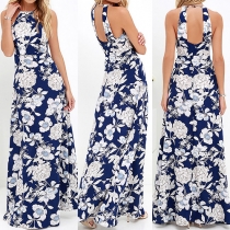 Fashion Style Sleeveless Floral Print Halter Maxi Dress