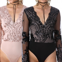 Sexy Style V-Neck Long Sleeves Sequined Bodysuit