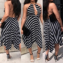 Sexy Style Sleeveless Cutout-Front Halter Striped Dress