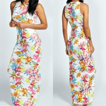 Fashion Style Sleeveless Floral Print Bodycon Maxi Dress