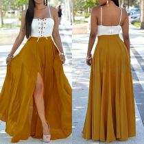 Fashion Style Front-Slit Lace-Up Chiffon Spliced Maxi Dress