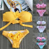 Sexy Style Flowers Solid Color Halter Bikini Set