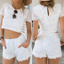 Fashion Style Lace Hollow Out Crop Top + Shorts Two-Piece Set