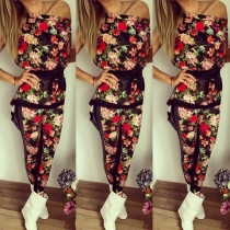 Fashion Style Floral Print One-Shoulder Top + Leggings Two-Piece Set