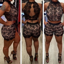 Sexy Style High-Neck Lace Hollow Out Crop Top + Shorts Two-Piece Set
