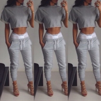 Fashion Style Ribbed Ankle Cuffs Drawstring Pant + Crop Top Two-Piece Set