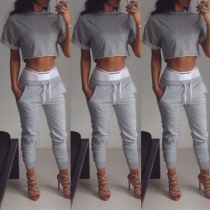 Fashion Style Ribbed Ankle Cuffs Drawstring Pant + Crop Top Two-Piece Set
