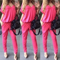 Fashion Style Solid Color V-Neckline Dropped Short Sleeves Jumpsuit