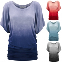 Fashion Style Round Neckline Short Sleeves Longline Gradient T-Shirt