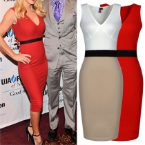 Sexy Style V-Neckline Sleeveless Colorblocked Bodycon Dress