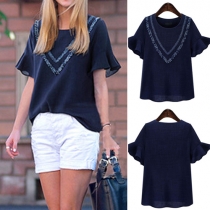 Fashion Round Neckline Ruffled Short Sleeves Top