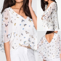 Stylish V-Neckline Dolman-Sleeve Butterfly Print Chiffon Top