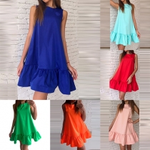 Fashion Solid Color Sleeveless Flounce-Hem A-Line Dress