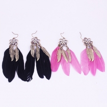 Chic Style Rhinestone Leaves Feather Tassel Pendant Earrings