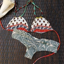 Stylish Abstract Print String Bikini Swimsuit Set