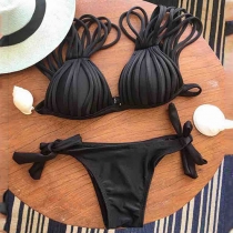 Sexy Solid Color Strappy Bikini Swimsuit Set