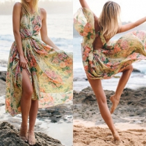 Fashion Sleeveless Front-Slit Knot-Front Floral Print Chiffon Dress