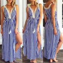 Stylish V-Neck High-Slit Drawstring Weave Hollow Out Striped Maxi Dress