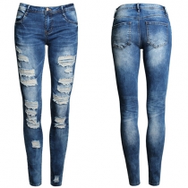 Stylish Button-Front Zippered Distressed Skinny Jeans