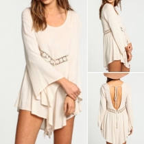 Chic Style Self-Tie Open-Back Bell-Sleeve Flared Dress