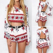 Stylish Floral Print Crop Top + Shorts Two-Piece Set