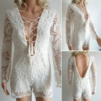 Sexy Long Sleeves Lace-Up Lace Hollow Out Romper