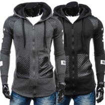 Fashion Long Sleeves Zip-Up Faux Leather Spliced Men's Hoodie