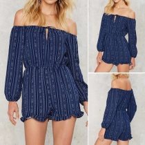 Fashion Off-The-Shoulder Long Sleeves Tie-Front Tribal Print Romper