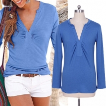Fashion Solid Color Long sleeves Twist-Front T-Shirt
