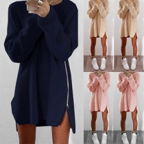 Fashion Solid Color Round Neckline Long Sleeves Side-Zipper Dress