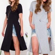 Fashion Solid Color Round Neckline Short Sleeves M-Slit Longline T-Shirt