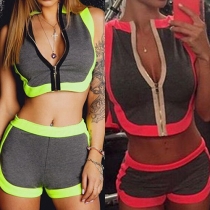 Sexy Contrast Color Sleeveless Crop Tops and Shorts Two-piece Set