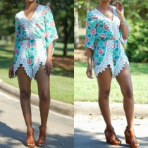 Sexy Printed V-neck Half Sleeve Laciness Romper